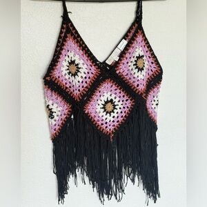Rebellion Crochet Camisole with Fringe - Black, Pink, White